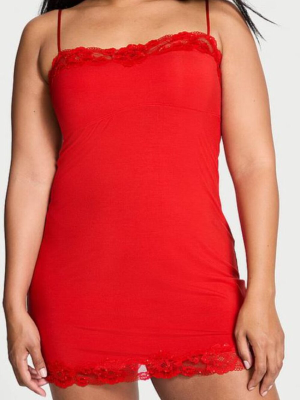 Modal Soft & Lace Trim Straight-Neck Slip Dress in Lipstick